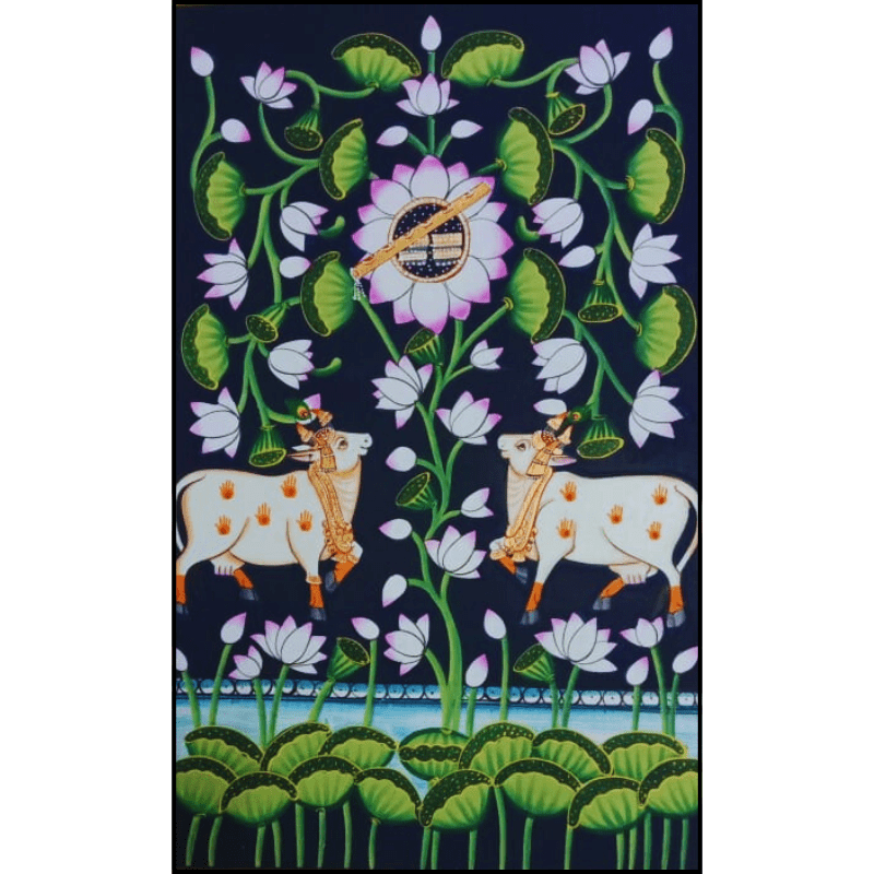 Divine Flute and Cow Pichwai Painting – Handpainted Lotus Artwork in Traditional Style